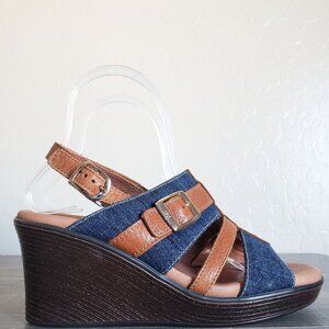 SAS Layla Denim Leather Wedge Sandal Blue Jean Women's 6 Strappy Comfort Western